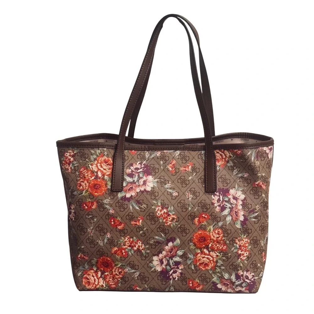 Guess Vikky floral Monogram‎ Tote Bag Brown Rose Print FL699523 11x13x6